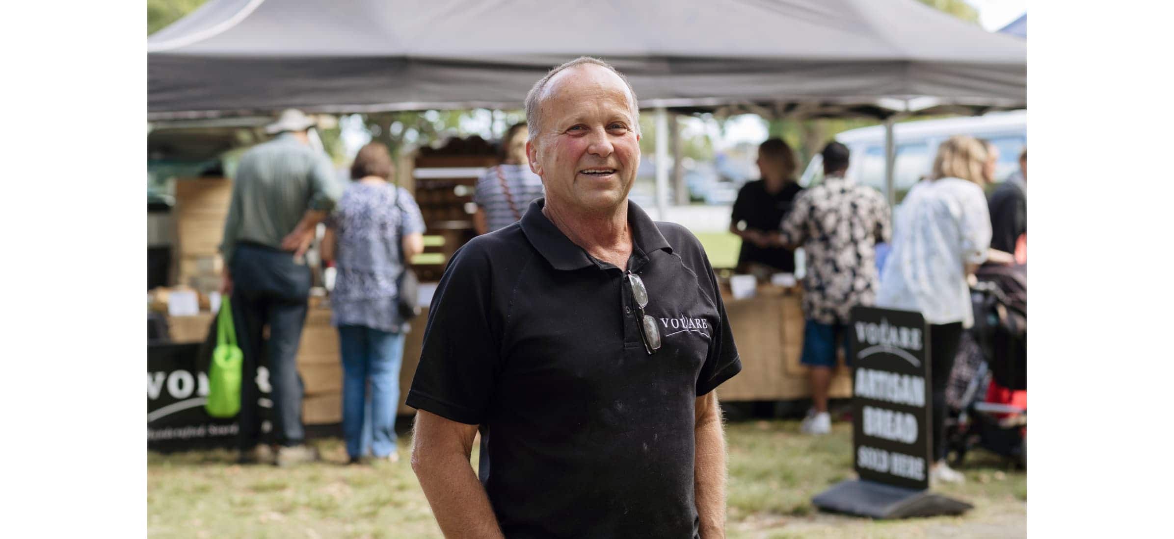 The father of Ryan, one of the founders of Volare bakery, at a farmers market.